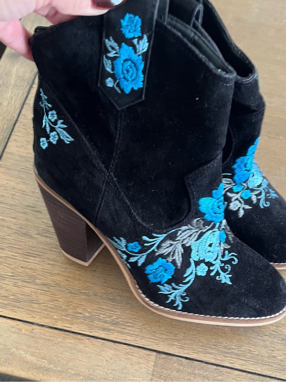 rebels Black Suede Ankle Boots with Bright Blue Floral Embroidery